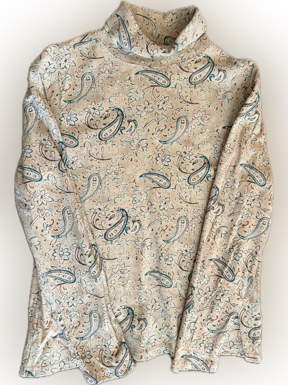 Basic Editions Paisley Mock Neck Long Sleeve Top 100% Cotton Large